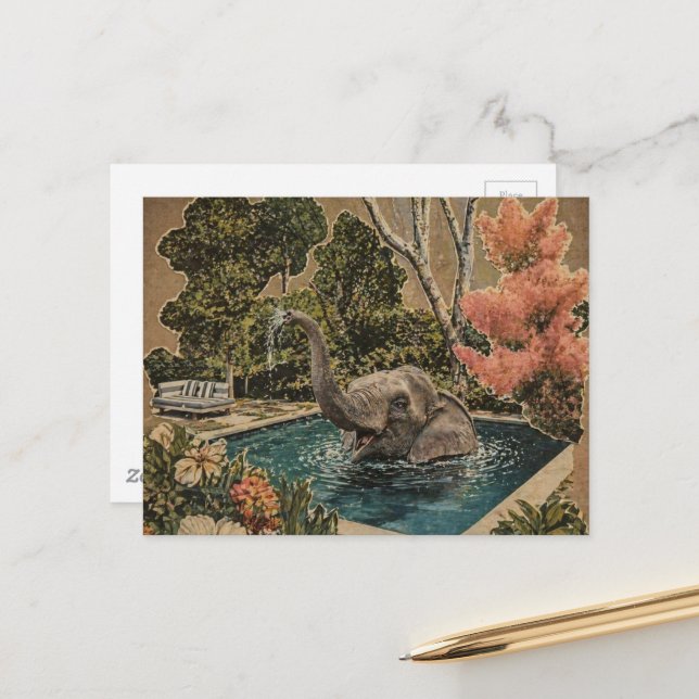 Vintage-Elefant im Pool Postkarte (Vorderseite/Rückseite Beispiel)