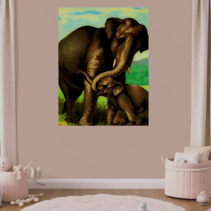 Vintage Elefantenkuh mit ihrem Kalb Poster