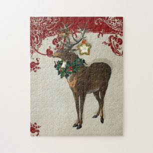 Vintage Elegance Christmas Deer Antlers Damask