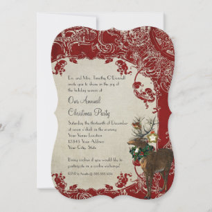 Vintage Elegance Christmas Deer Antlers Damask Einladung