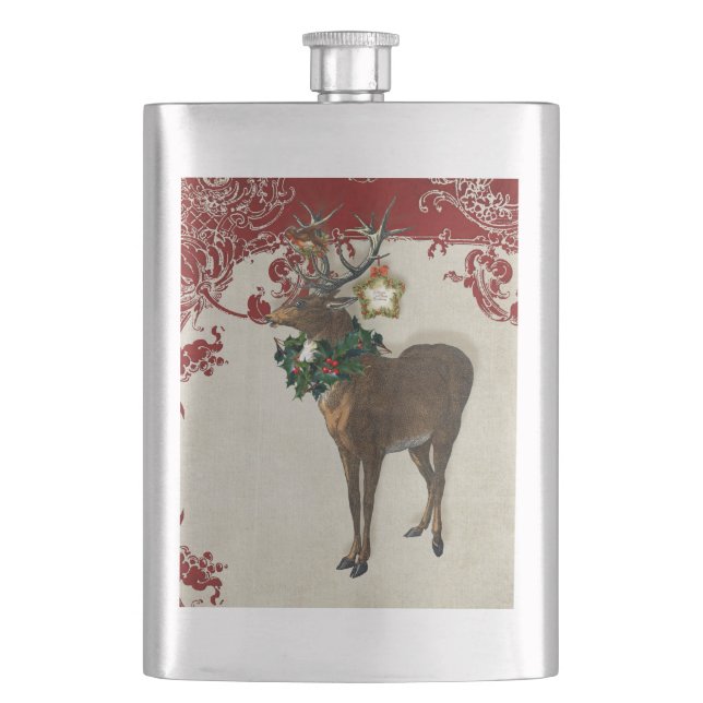 Vintage Elegance Christmas Deer Antlers Damask Flachmann (Vorderseite)