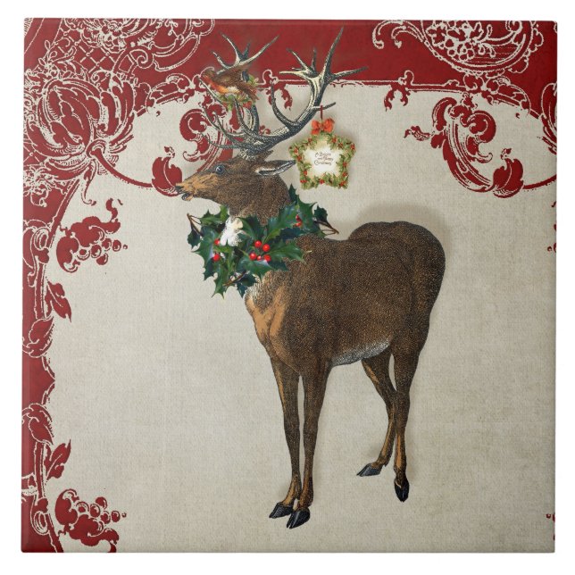Vintage Elegance Christmas Deer Antlers Damask Fliese (Vorderseite)