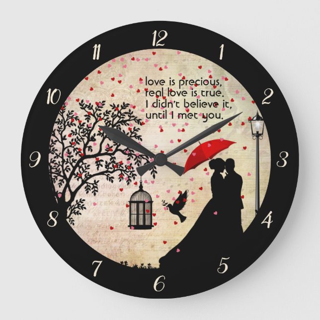 Vintage Elegant Beige & Black Poetry Valentines Große Wanduhr (Vorderseite)