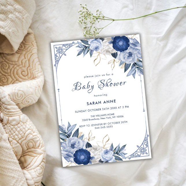 Vintage Elegant Blue Blume Frame Baby Dusche Einladung (Vintage Elegant Blue Flower Frame Baby Shower Invitation)