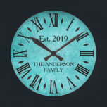 Vintage Elegant Family Name Roman Numeral Teal Runde Wanduhr<br><div class="desc">Beautiful, unique, one-of-a-kind shabby chic, vintage personalized design features a vintage Victorian lace background in teal green with your family name and year established in black typography. Personalize this clock by adding your own personal information. Makes a great wedding, anniversary, or housewarming gift. Click "personalize this template" to change the...</div>