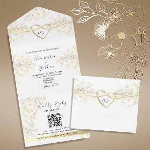 Vintage Elegant Floral Gold Heart Wedding All In One Einladung