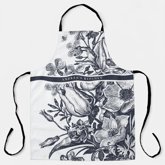 Vintage Elegant Floral Navy & White Schürze (Vorderseite)