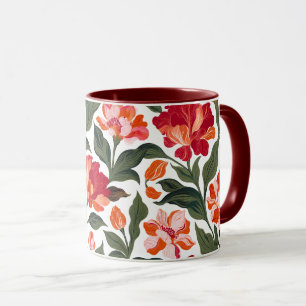 Vintage Elegant Rot & Korallen-Blumenmuster Schwar Tasse