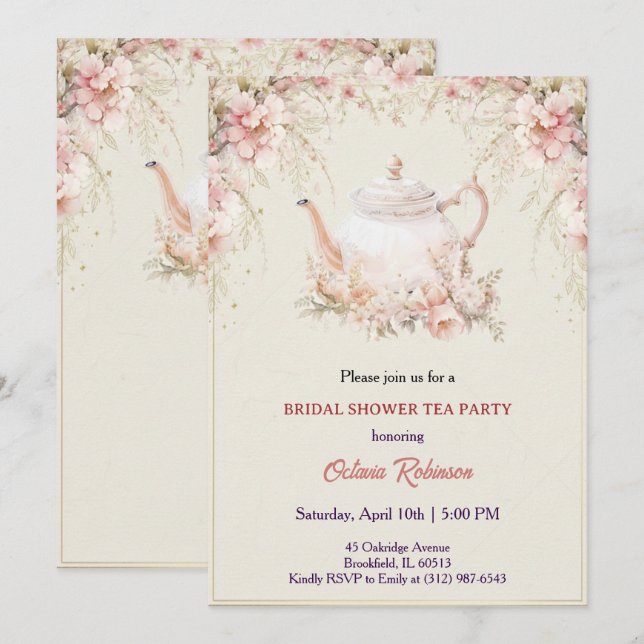 Vintage Elegant Tea Party Bridal Shower Invitation (Devant / Derrière)