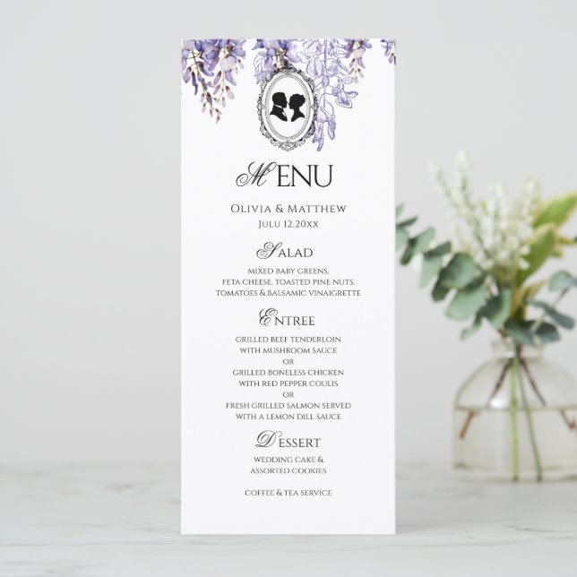 Vintage elegante florale Regency-Hochzeitsmenü Programm (Stehend Vorderseite)