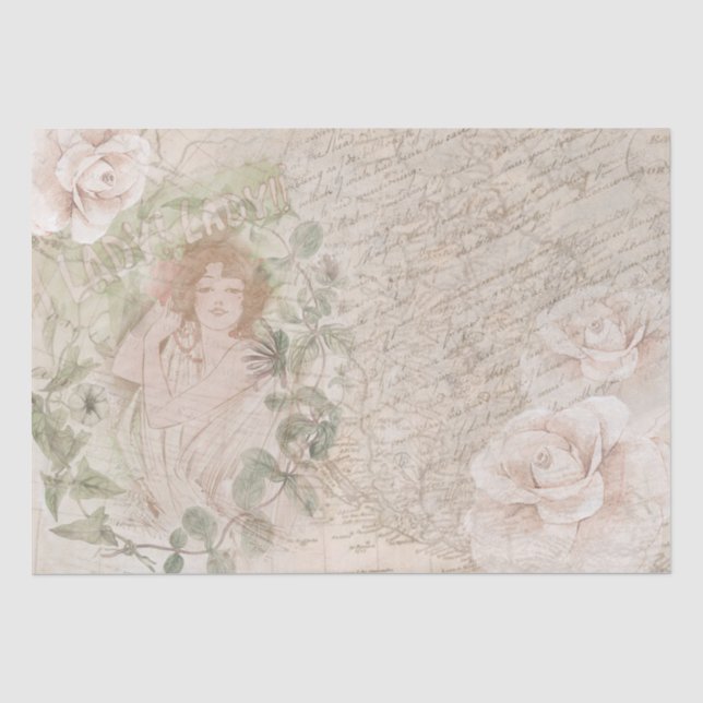 Vintage Elegante Lady Rose Script Map Seidenpapier (Vorderseite)