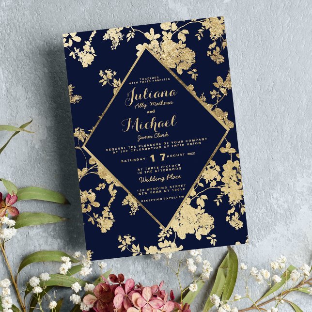 Vintage elegante marineblaue Imitate Hochzeit mit  Einladung (Vintage elegant navy blue faux gold floral wedding invitation)