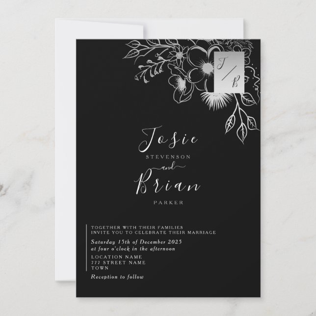 Vintage, elegante Schwarz-Weiß-Hochzeit Einladung (Vorderseite)