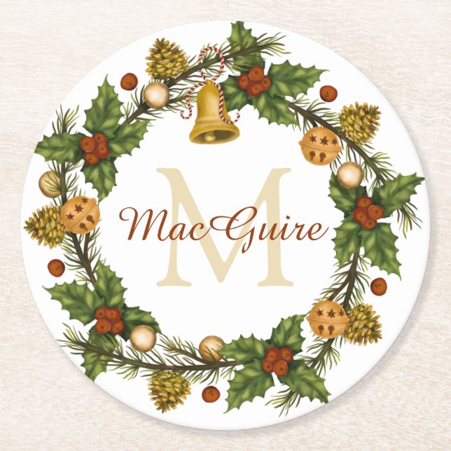 Vintage Elegante Weihnachtsfeier Monogram Runder Pappuntersetzer (Vorderseite)