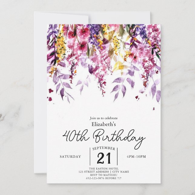 Vintage Elegante Wildblumen 40. Geburtstag Einladung (Vorderseite)