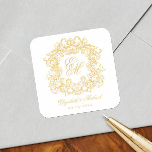 Vintage-elegantes Hochzeitsmonogrammwappen Gold Quadratischer Aufkleber