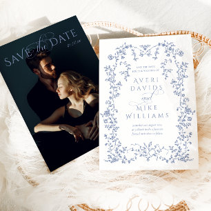 Vintage Eleganz Dusty Blue Blumen Rahmen Hochzeit Save The Date