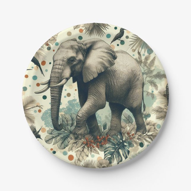 Vintage Elephant Dschungelmalerei Pappteller (Vorderseite)