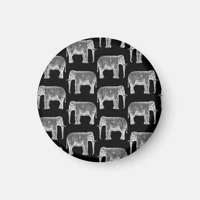 Vintage Elephant Print Pattern Schwarz-Weiß-Kunst Magnet (Vorne)