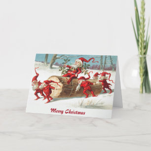 Vintage-Elfen bringen den Yule-Log-Weihnachtsgruß Feiertagskarte