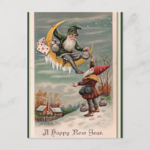 Vintage-Elfen mit Geldsäcken Frohes Neues Jahr Postkarte