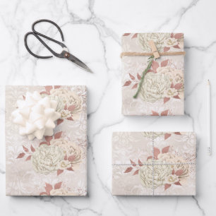Vintage Elfenbein-Roségold-Blumen-Damaskus-Muster Geschenkpapier Set