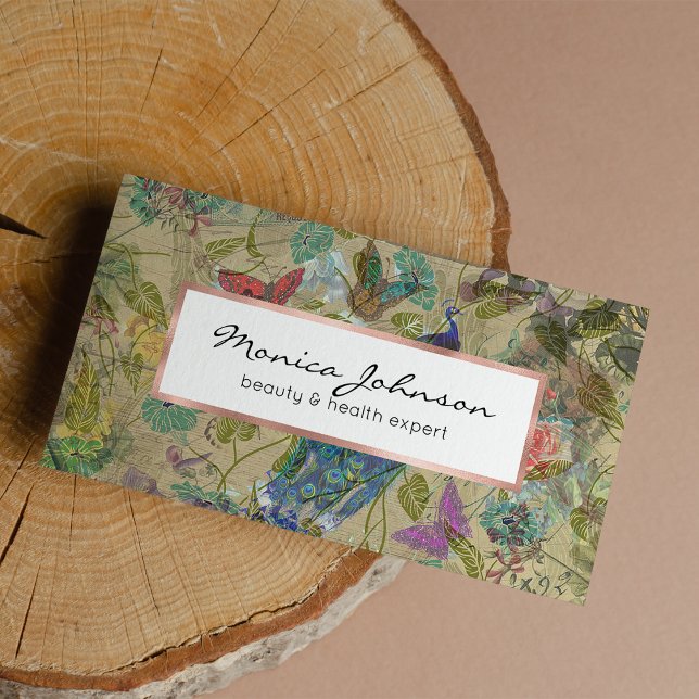 Vintage Elfenbeinhalterung Visitenkarte (Vintage Ivory Green Blue Pink Peacock Collage)