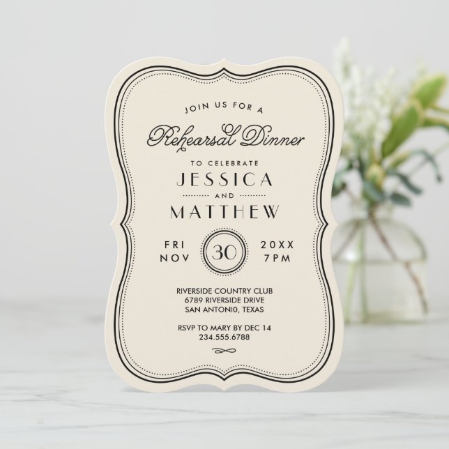 Vintage Elfenbeinküste Art Deco Hochzeit Probe Abe Einladung (Stehend Vorderseite)