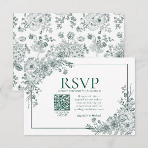 Vintage Emerald Floral Line Art QR Code UAWG RSVP Karte