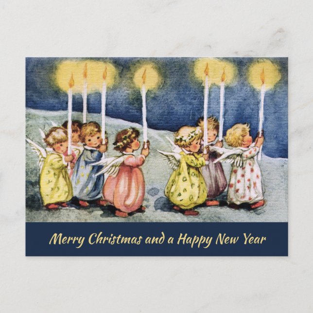 Vintage Engel Holding Candles Weihnachten Postkarte (Vorderseite)