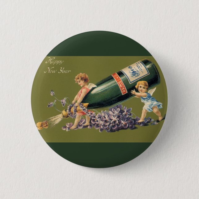 Vintage Engel mit Champagner, ein glückliches neue Button (Vorderseite)