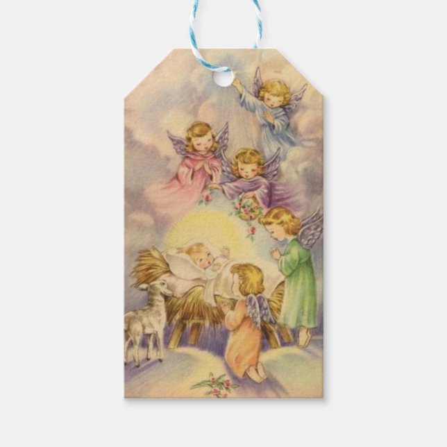 Vintage Engel rund um das Baby Jesus Geschenkanhänger (Vorderseite)