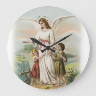 Vintage Engel Schutzengel und zwei Kinder Große Wanduhr