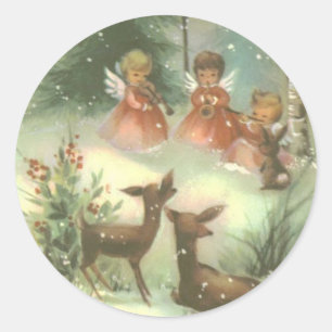 Vintage Engel spielen Musik mit Hirsch Runder Aufkleber