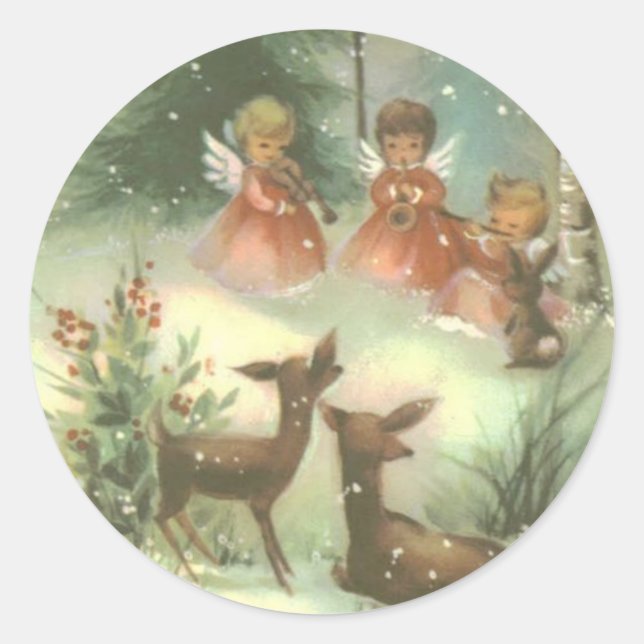 Vintage Engel spielen Musik mit Hirsch Runder Aufkleber (Vorderseite)