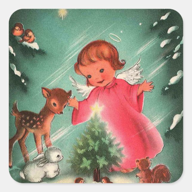 Vintage Engel und Tiere Quadratischer Aufkleber (Vorderseite)