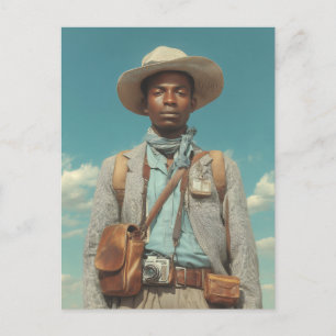 Vintage-Entdeckerporträt mit Kamera und Reise G Postkarte