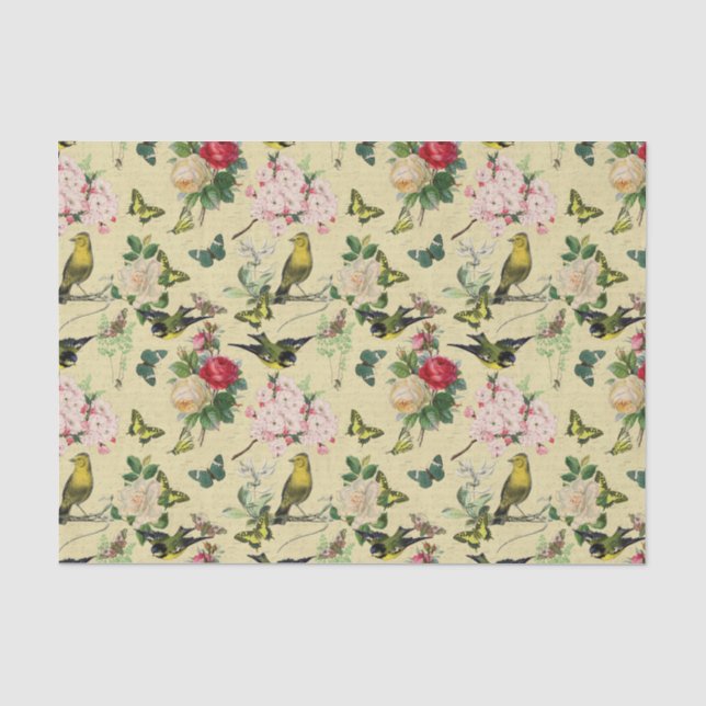 Vintage Ephemera Rose Schmetterlinge und Vogelmust Seidenpapier (Vorderseite)