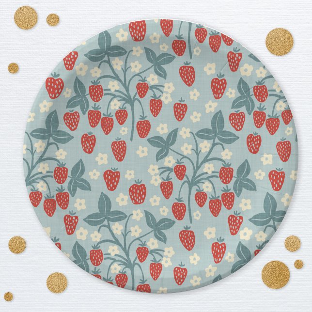 Vintage-Erdbeer-Pflanzenmuster Pappteller (Vintage strawberry plant pattern heritage revival party paper plates)