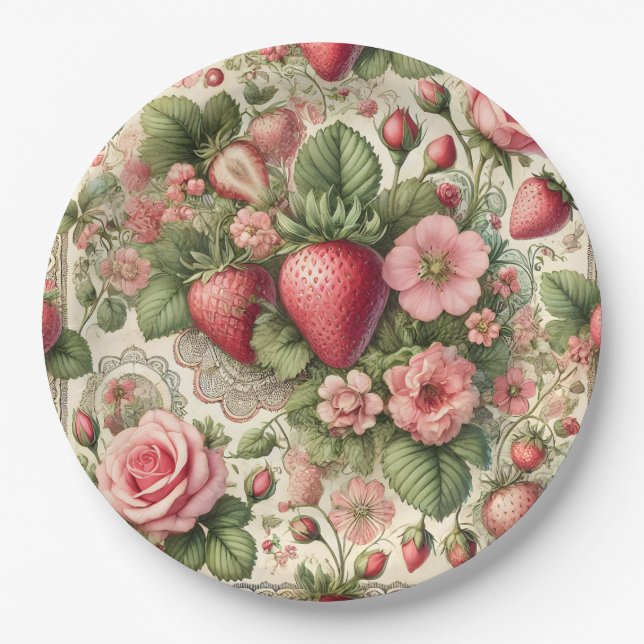 Vintage Erdbeere 1. Geburtstag Party Pappteller (Vorderseite)