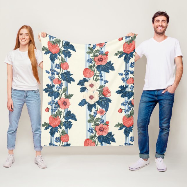 Vintage Erdbeeren & Blaue Blätter Blumenmuster Fleecedecke (Beispiel)