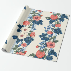 Vintage Erdbeeren & Blaue Blätter Blumenmuster Geschenkpapier