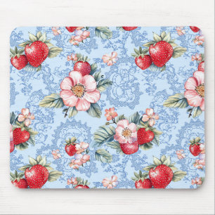 Vintage-Erdbeeren- und Blumenmuster Mousepad