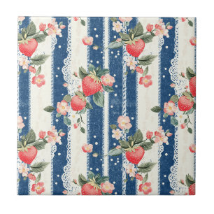 Vintage Erdbeeren und Blüten auf blauen Streifen ( Fliese