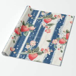 Vintage Erdbeeren und Blüten auf blauen Streifen ( Geschenkpapier