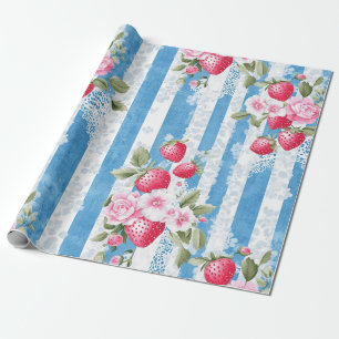 Vintage Erdbeeren und Blüten auf blauen Streifen Geschenkpapier