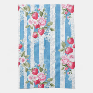 Vintage Erdbeeren und Blüten auf blauen Streifen Geschirrtuch