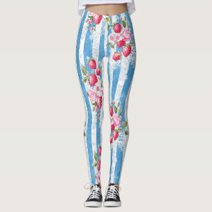 Vintage Erdbeeren und Blüten auf blauen Streifen Leggings