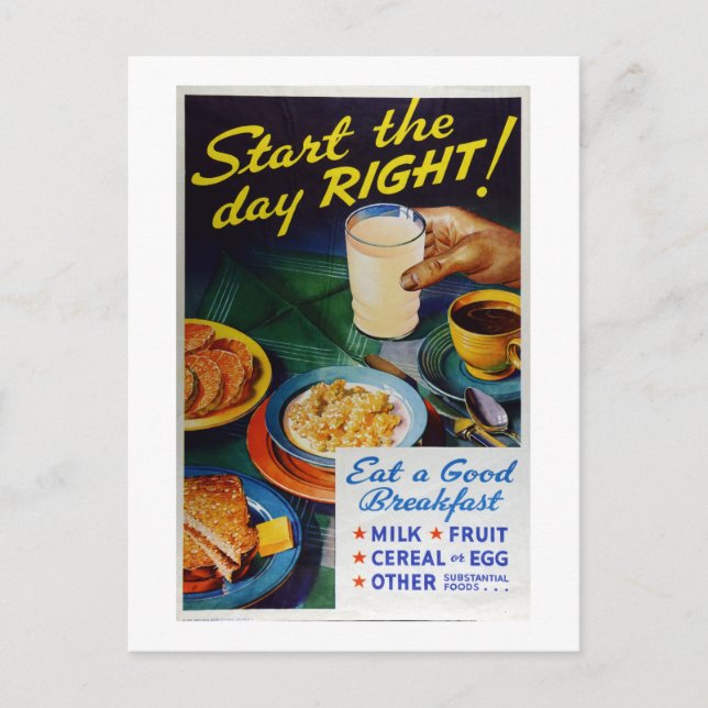 Vintage Ernährung essen Frühstück Milch Fruchtsaft Postkarte (Vorderseite)
