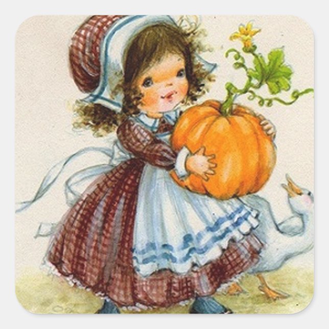 Vintage Erntedank Day Girl Quadratischer Aufkleber (Vorderseite)